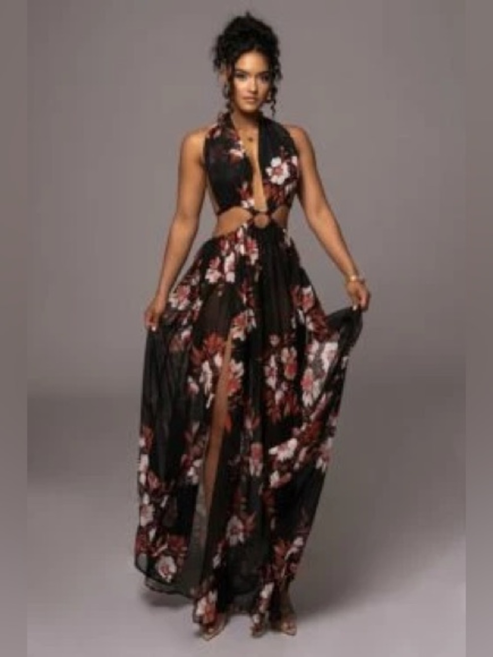 Red Floral Nicoletta Chiffon Maxi Dress